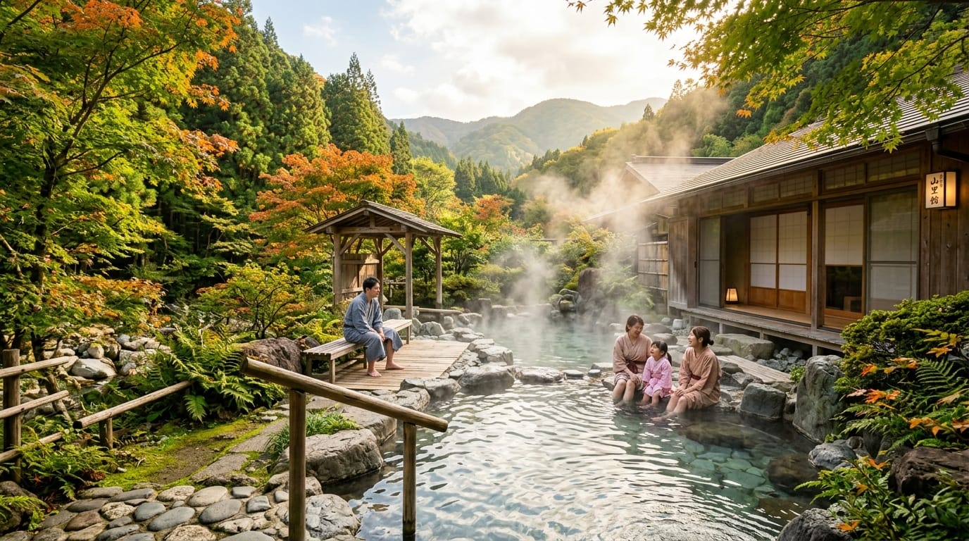 郊外の静かな日帰り温泉と露天風呂の美しい風景