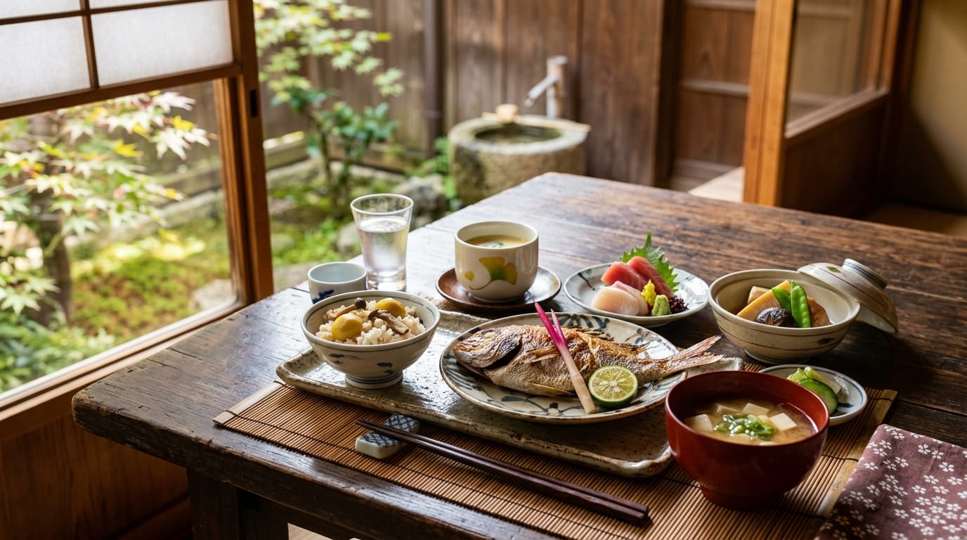 温泉後に楽しむ和食のセットメニューの美味しそうなイメージ画像