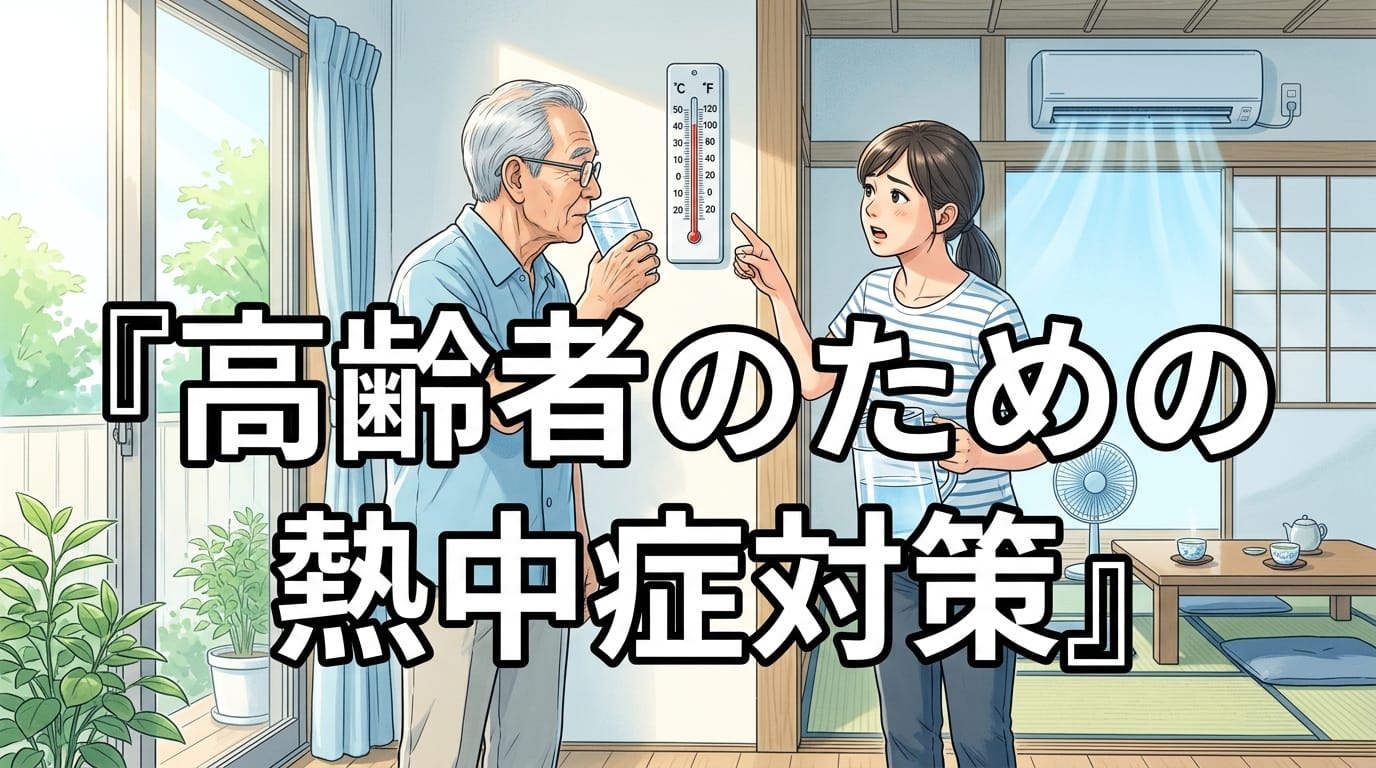 高齢者のための熱中症対策を示す、室内で温度計と水分補給を確認する夏のイメージ