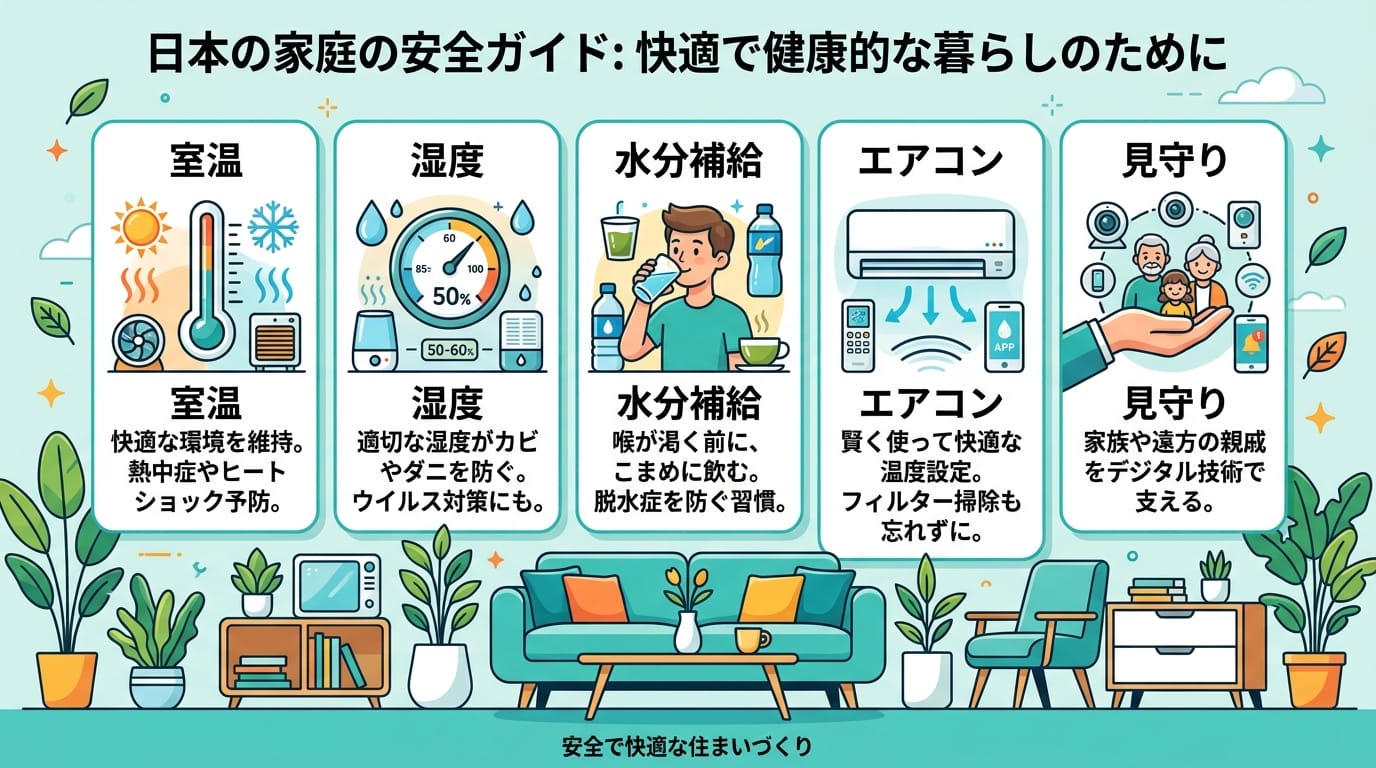 高齢者のための熱中症対策の要点をまとめた室温・湿度・水分補給のインフォグラフィック