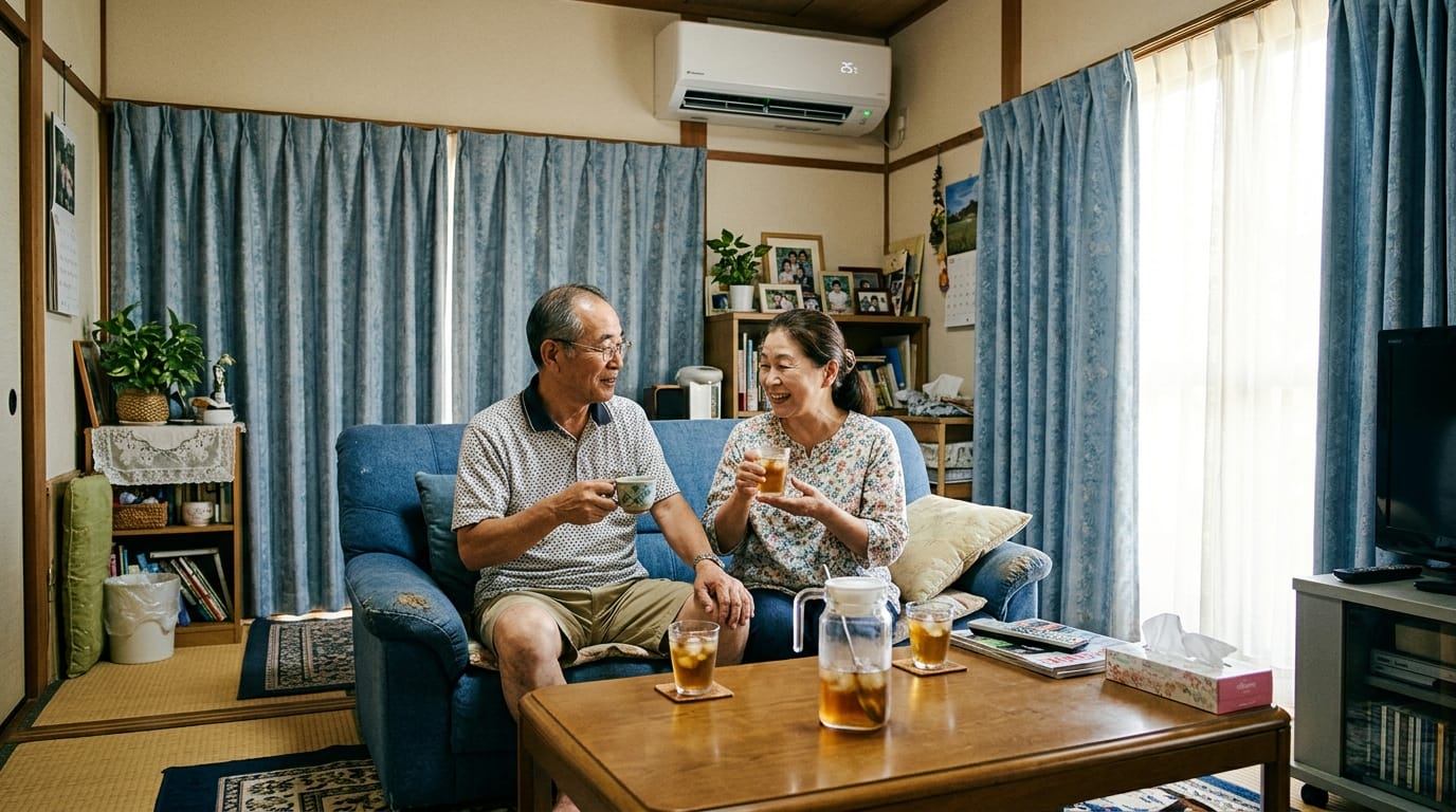 エアコンを使う涼しい部屋で過ごす高齢者夫婦の夏の生活シーン