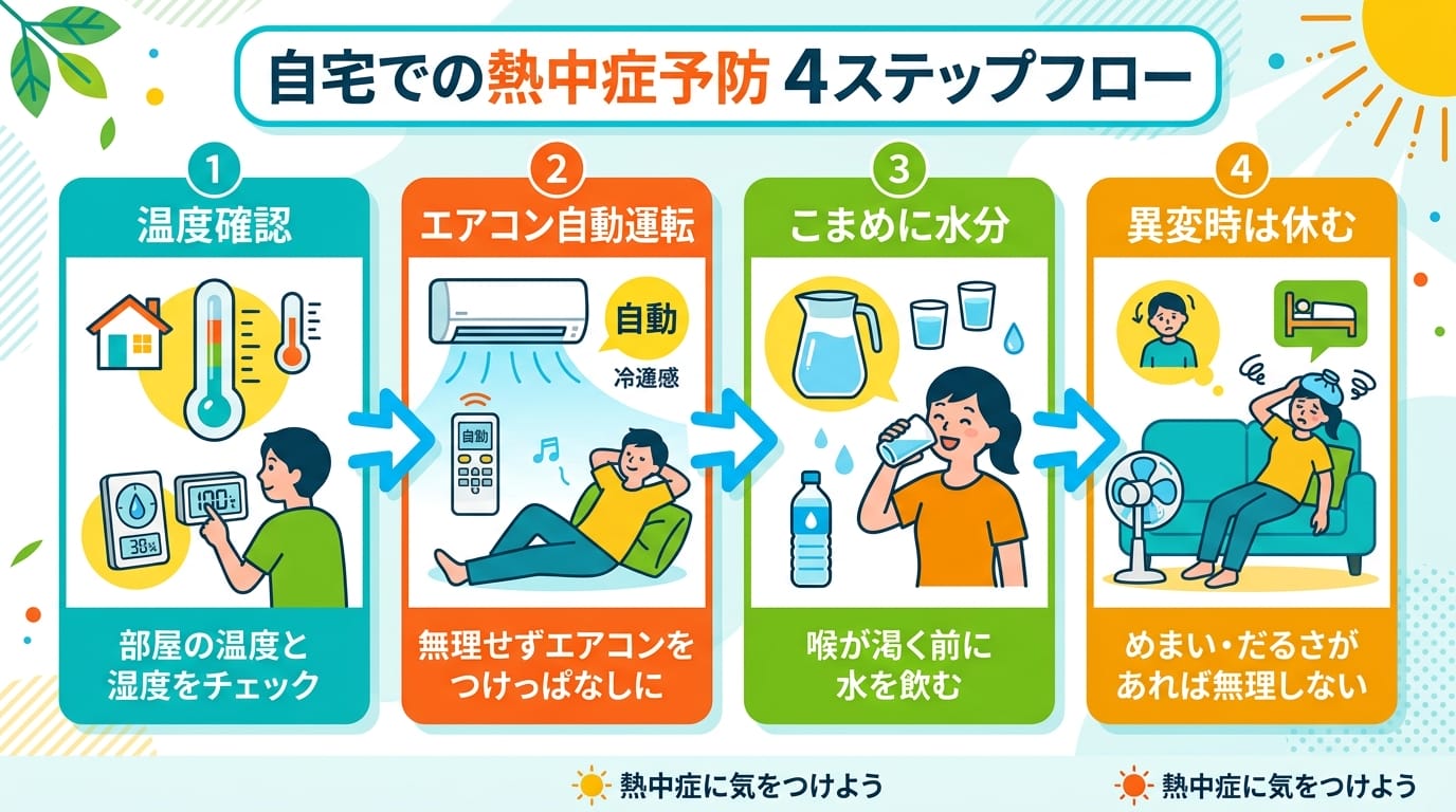 高齢者のための熱中症対策を4ステップで示した手順インフォグラフィック