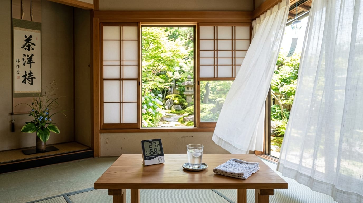 温湿度計と飲み物、風通しのよい部屋を描いた夏の室内イメージ