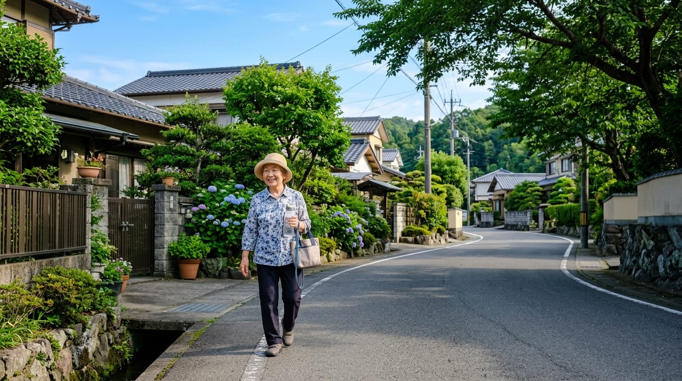 朝の涼しい時間に帽子と水を持って歩く高齢者の夏の外出イメージ