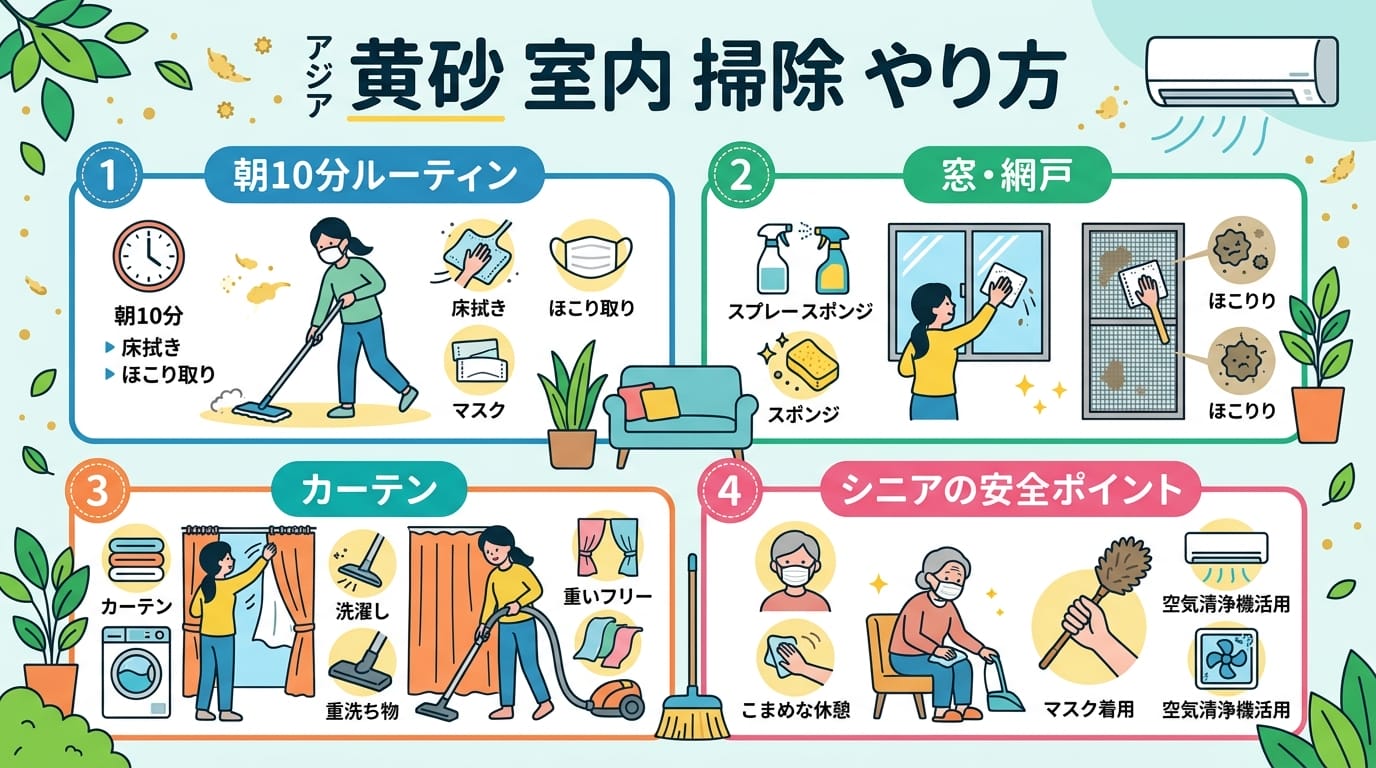 黄砂 室内 掃除 やり方の要点をまとめたインフォグラフィック