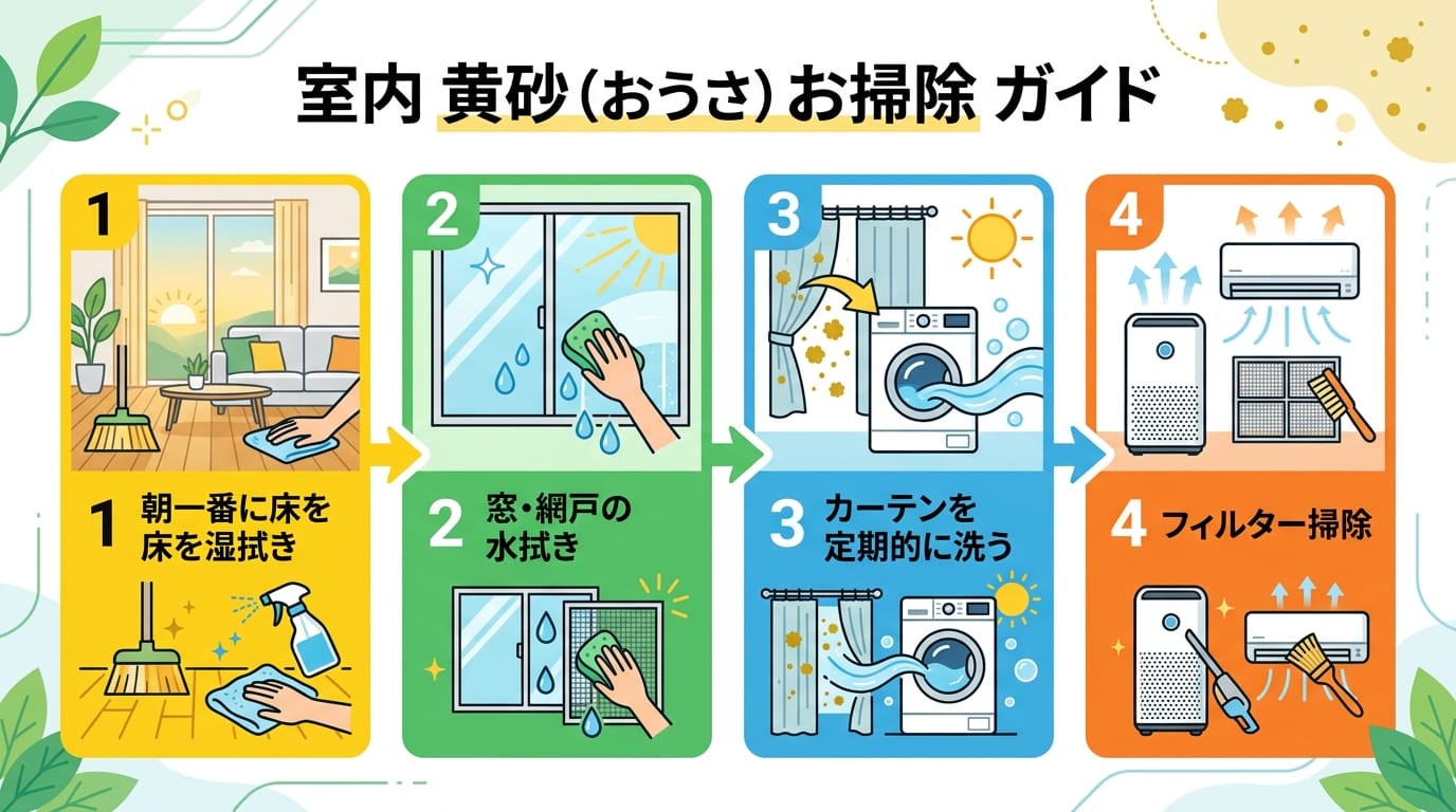 黄砂 室内 掃除 やり方の手順と注意点を図解したインフォグラフィック