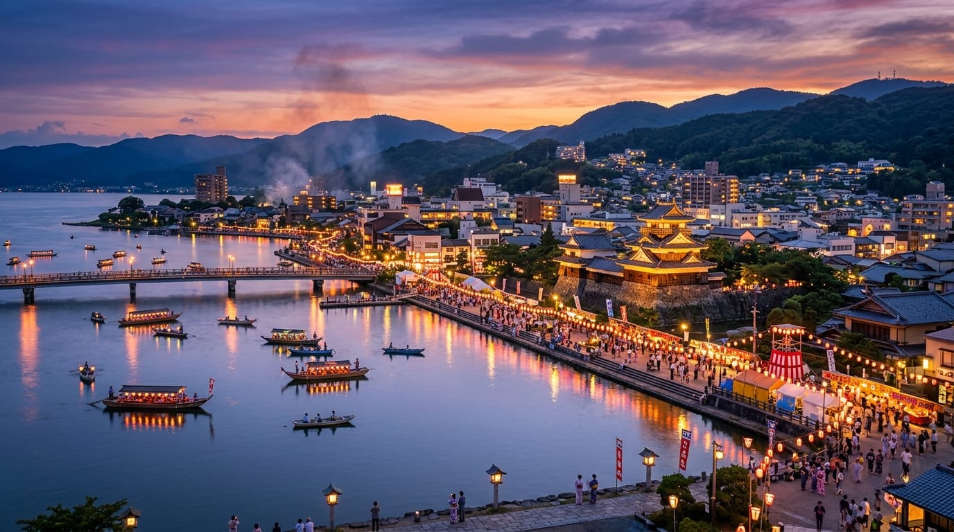 松江市の湖畔に広がる夏祭りの風景