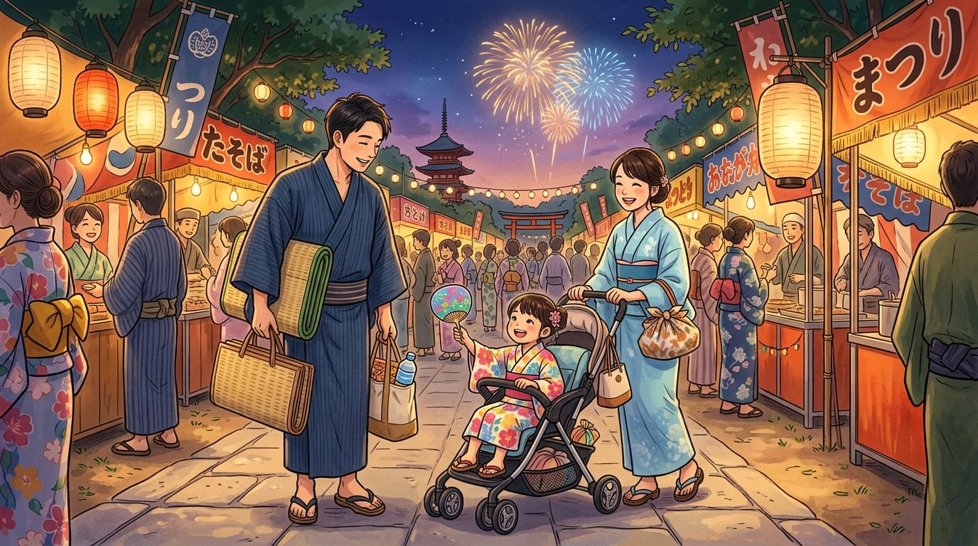 家族連れで向かう松江水郷祭のイメージ