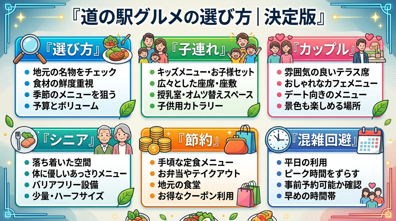 全国の道の駅グルメの要点をまとめたカラフルなインフォグラフィック