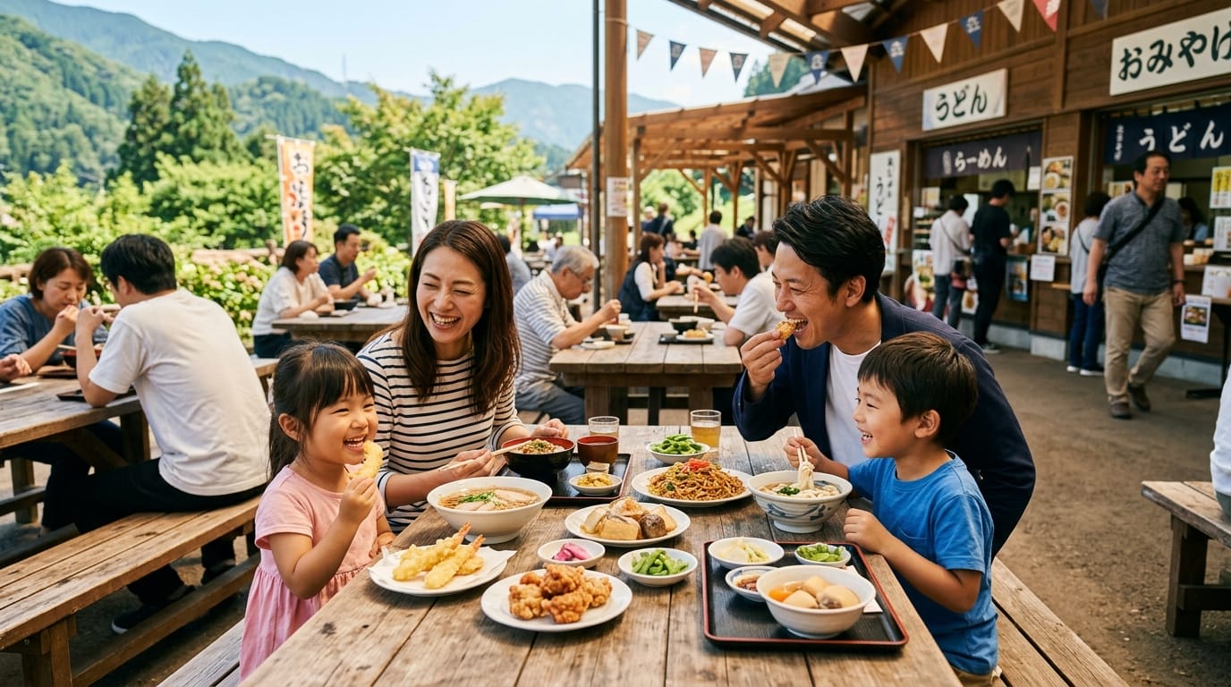 家族連れが道の駅で食事と買い物を楽しむ様子