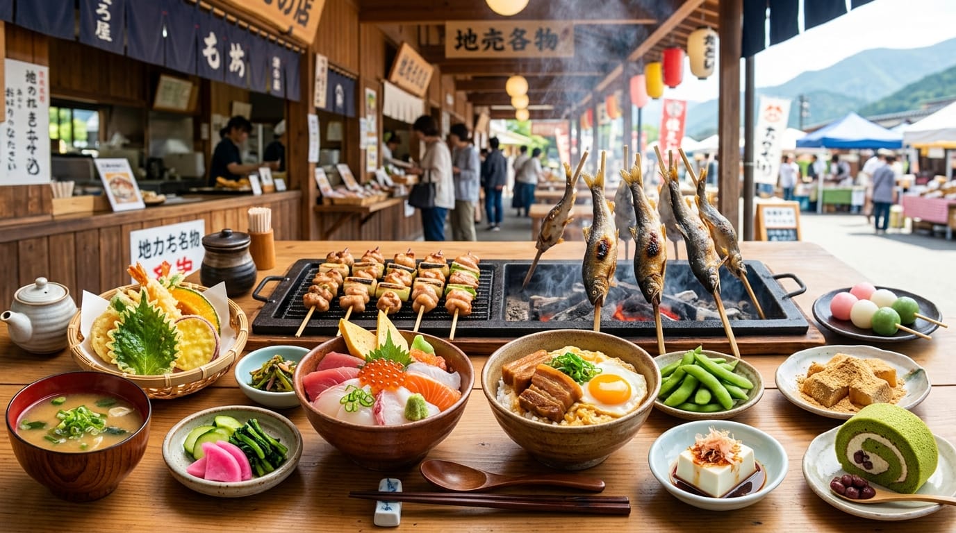 地元食材の料理が並ぶ道の駅の美しい食事シーン