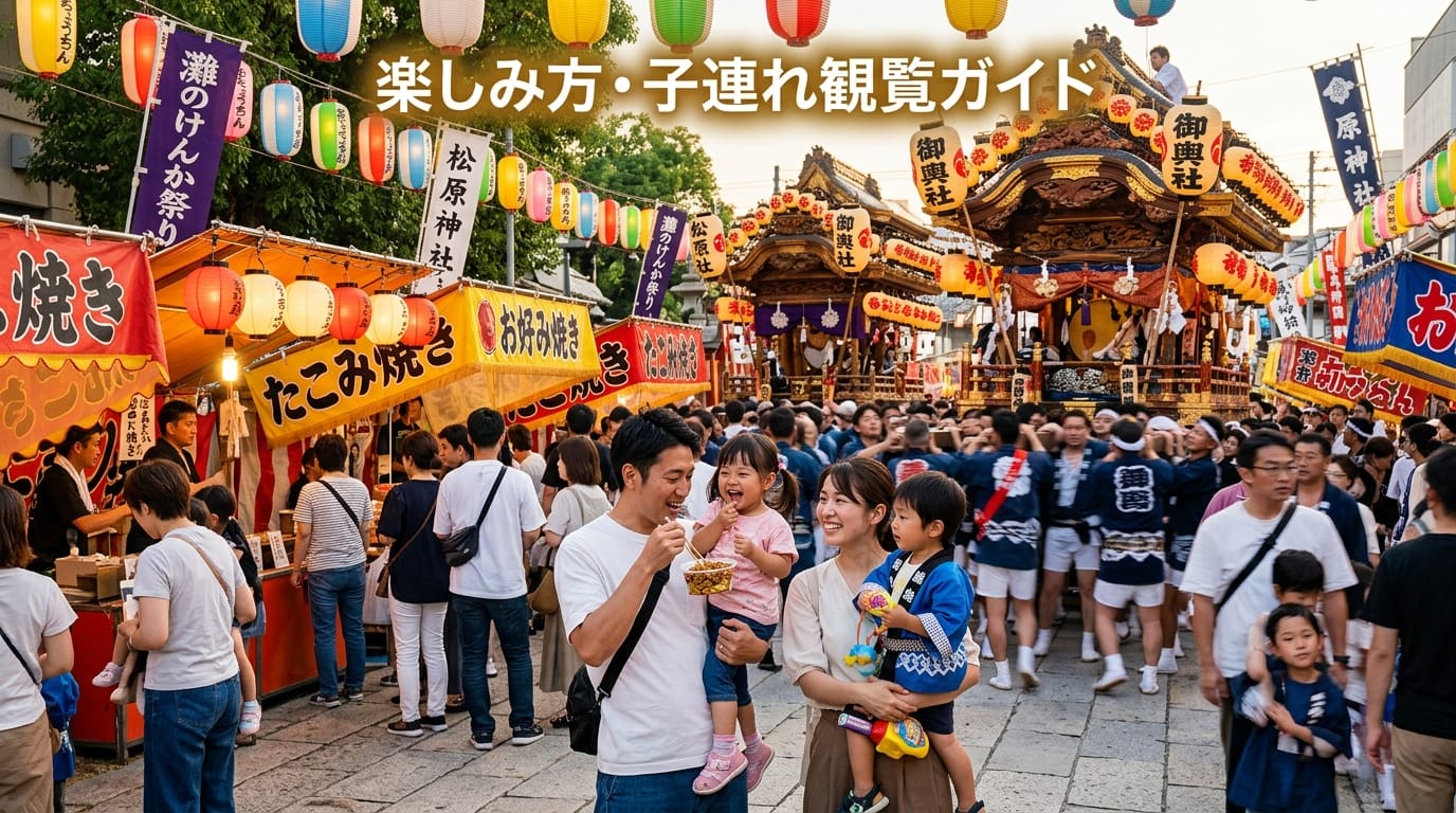 灘のけんか祭りで屋台グルメや観覧を楽しむ子連れファミリーの様子