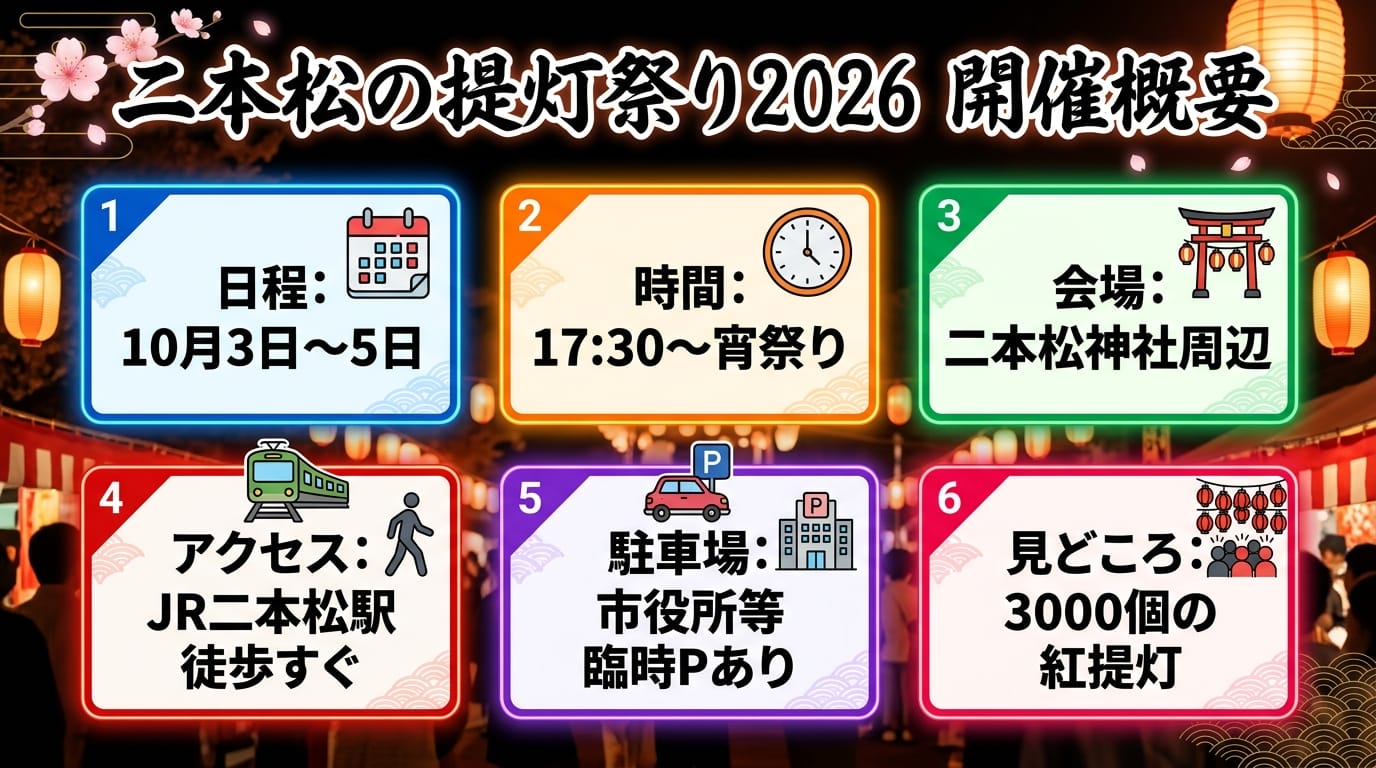 二本松の提灯祭り2026の開催日程とアクセス情報のインフォグラフィック
