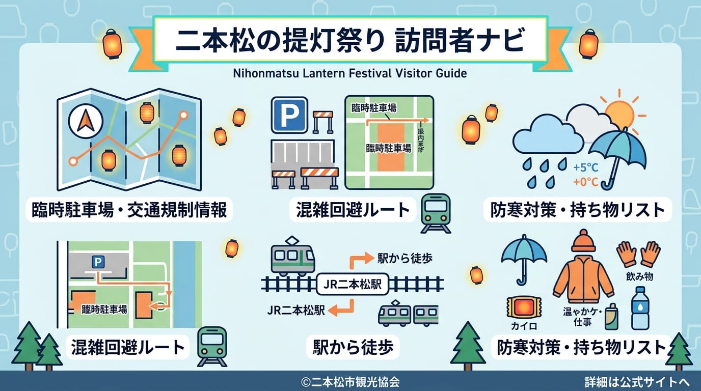 二本松の提灯祭り2026の駐車場・混雑回避対策インフォグラフィック