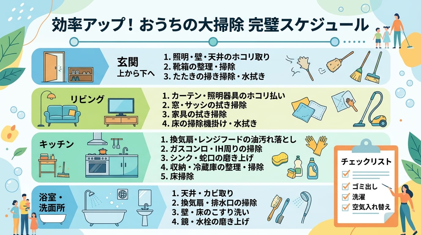 大掃除の順番をわかりやすく整理した日本語インフォグラフィック