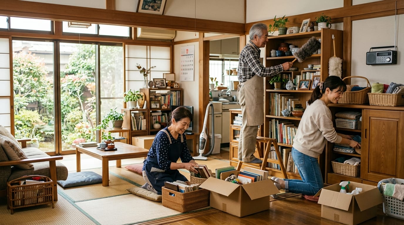 家族で大掃除を進める日本のリビングのイメージ写真