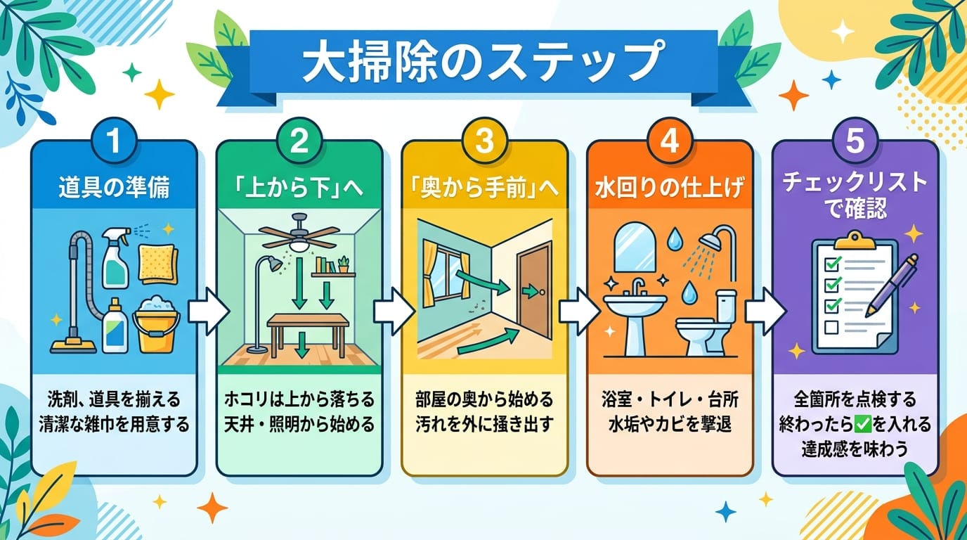 大掃除の手順を図解した日本語ステップインフォグラフィック