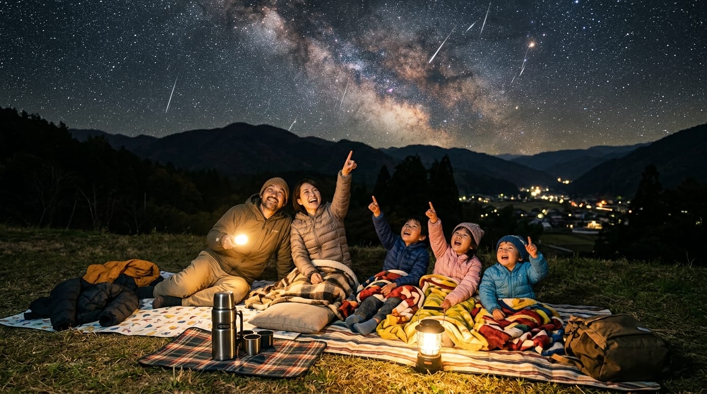 家族で流星群を楽しむ夜の様子
