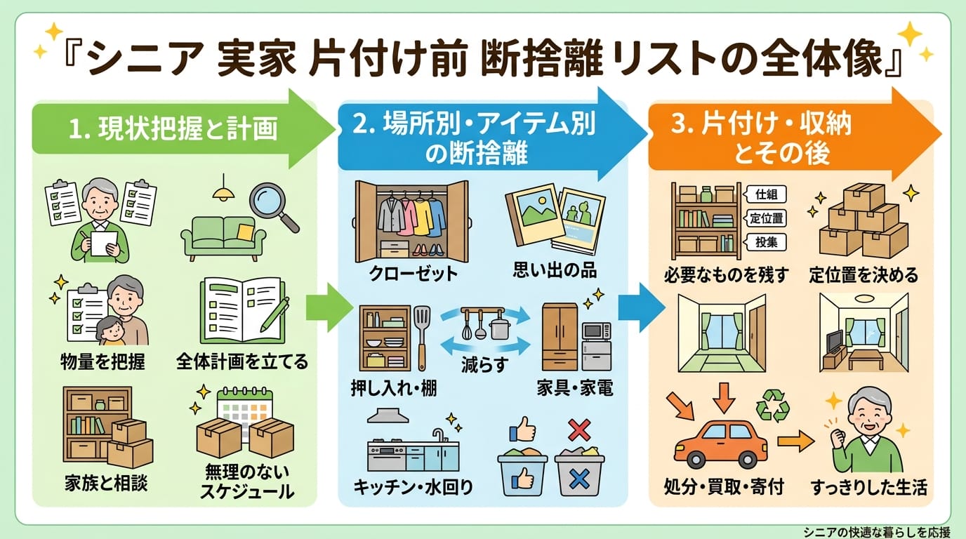 シニア 実家 片付け前 断捨離 リストの全体像を示すインフォグラフィック