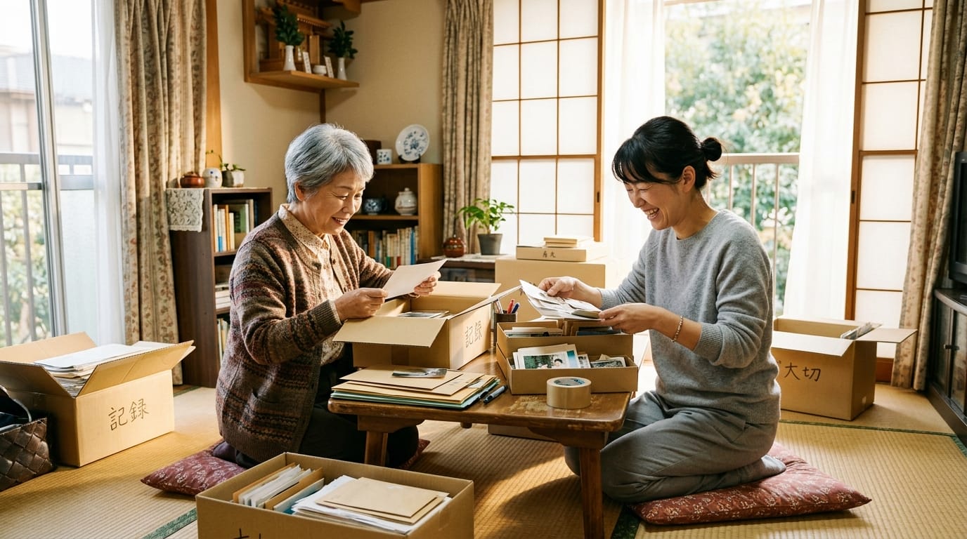 シニアの親と子どもがリビングで実家の片付けリストを相談している様子