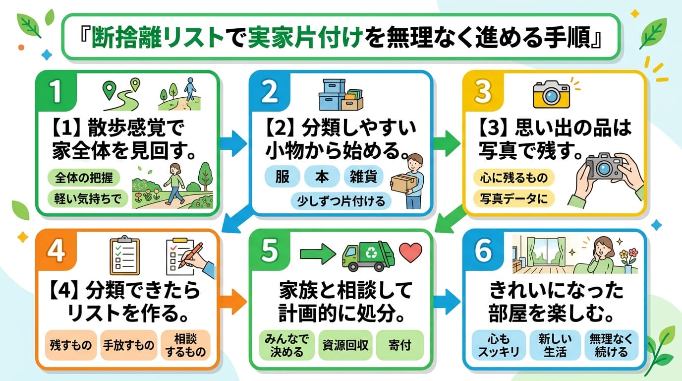 シニア 実家 片付け前 断捨離 リストの手順と注意点を示すインフォグラフィック