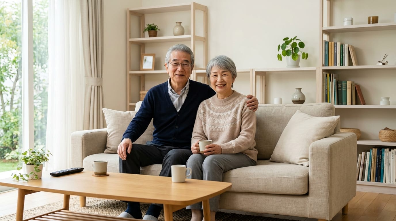 穏やかな表情のシニア夫婦が整理された実家でくつろいでいるイメージ写真