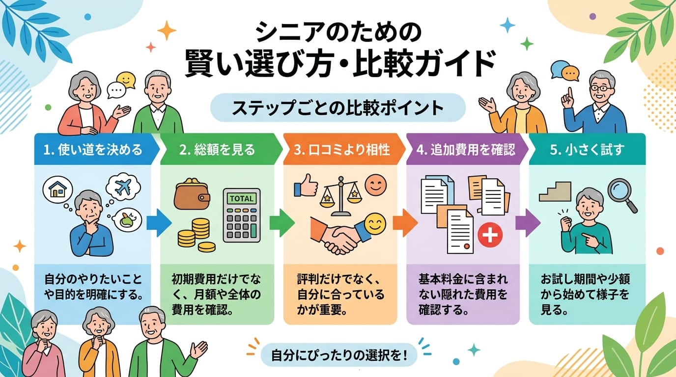 シニア向け節約生活防衛グッズ比較の手順を示す日本語インフォグラフィック