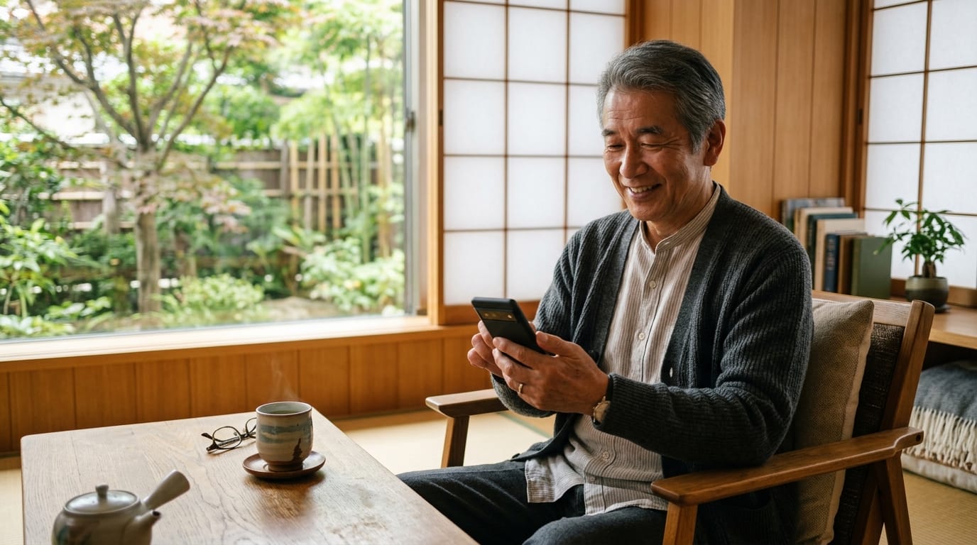 シニア男性がスマホを使いながらくつろぐ穏やかな生活シーン
