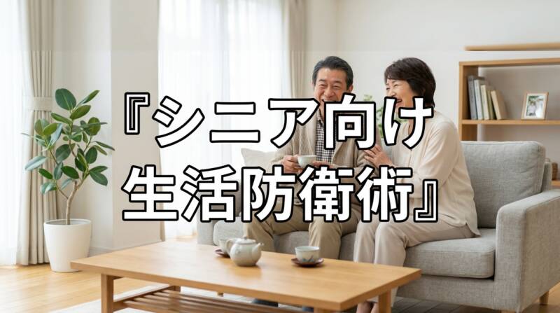 シニア向け生活防衛術を示す笑顔の高齢夫婦のアイキャッチ画像