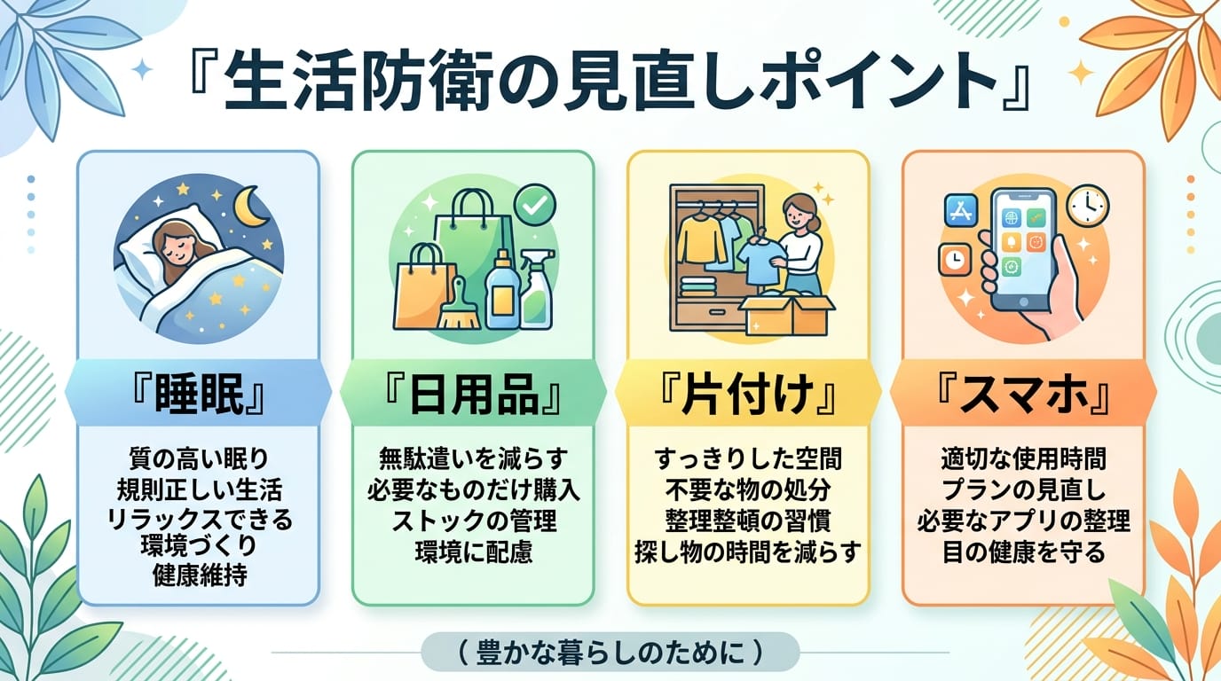 睡眠・日用品・片付け・スマホを整理した生活防衛の見直しポイント図