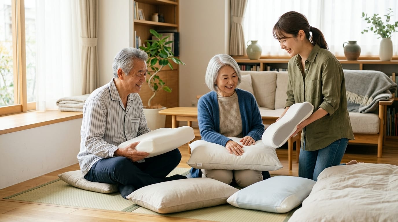 シニア世代が枕を比較する家庭でのやさしいシーン