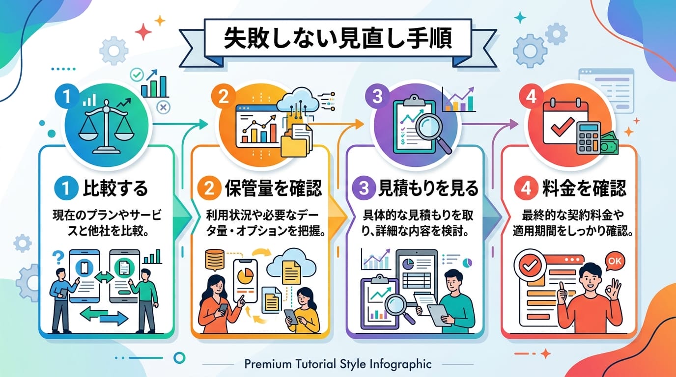 見直し手順を4ステップで示す日本語インフォグラフィック