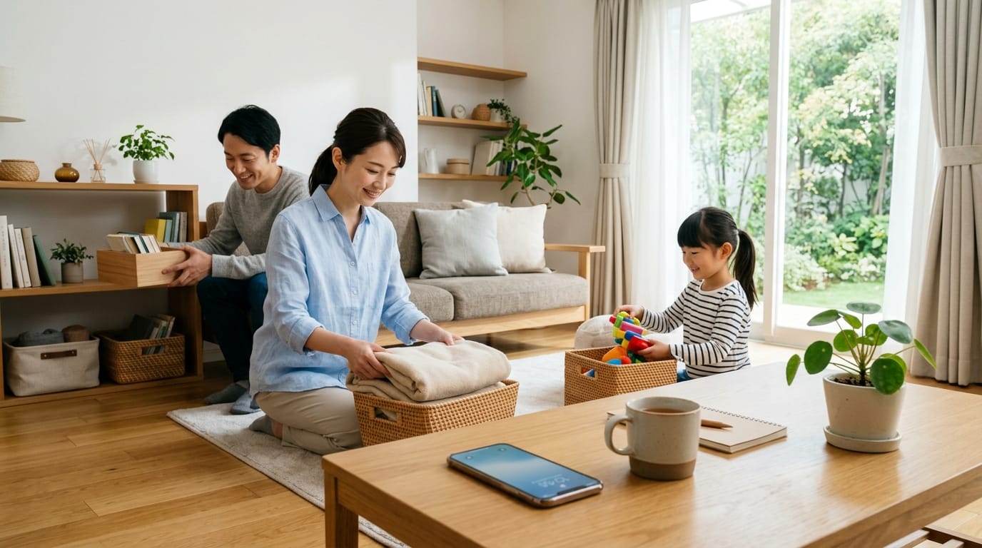 家族で片付けとスマホ見直しを進める安心感のあるシーン