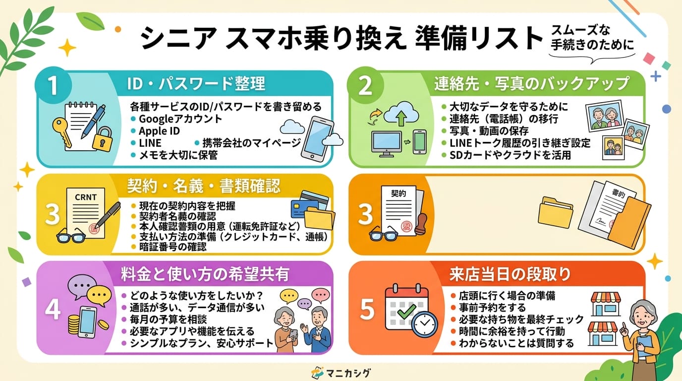 シニア スマホ乗り換え 準備リストの5項目をわかりやすくまとめた日本語インフォグラフィック
