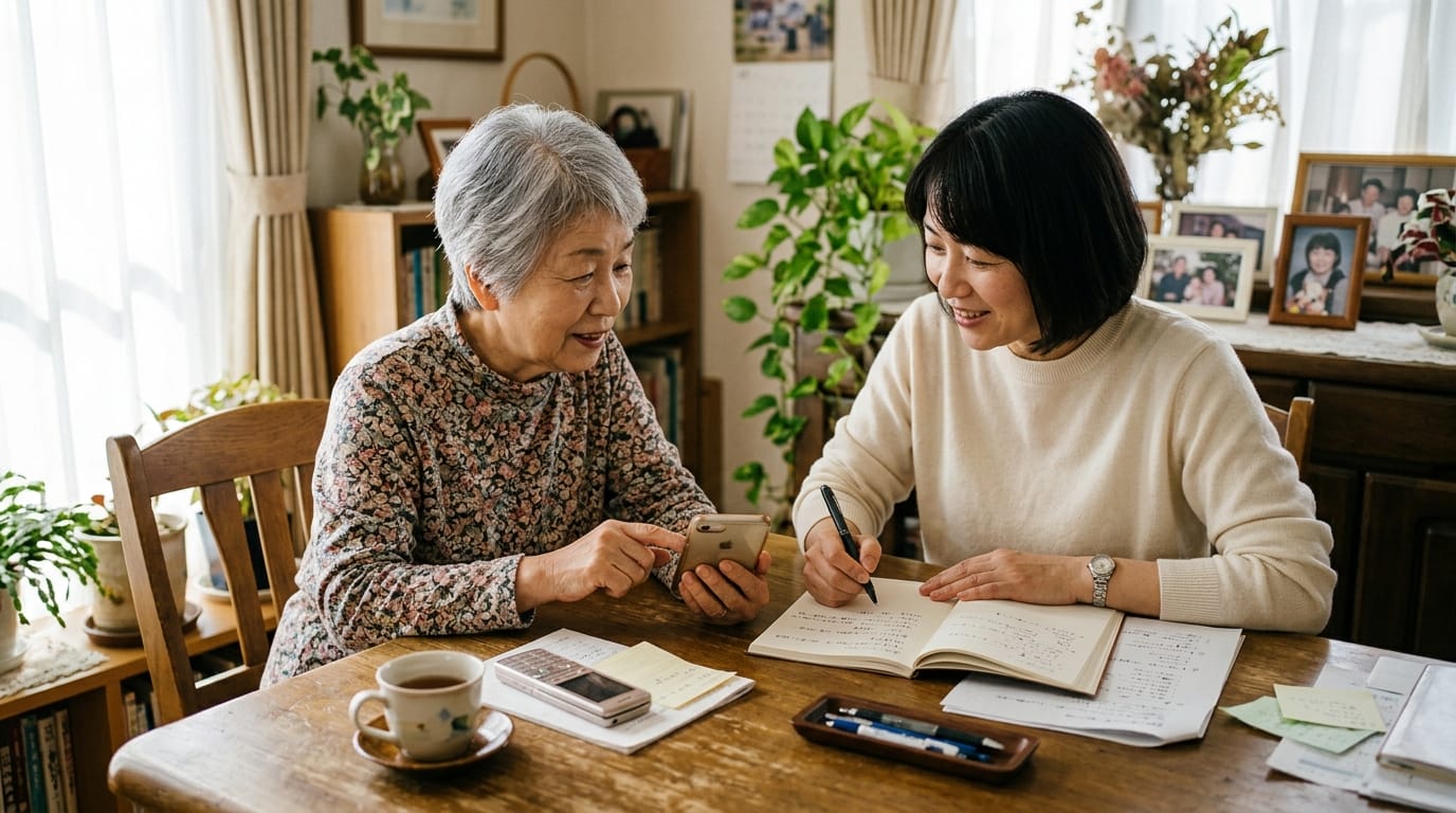 実家の食卓で母親と娘がスマホとノートを見ながら乗り換え準備をしているシーン
