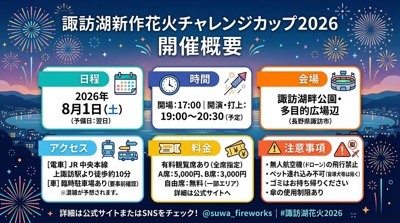 開催概要がひと目で分かる諏訪湖花火図解