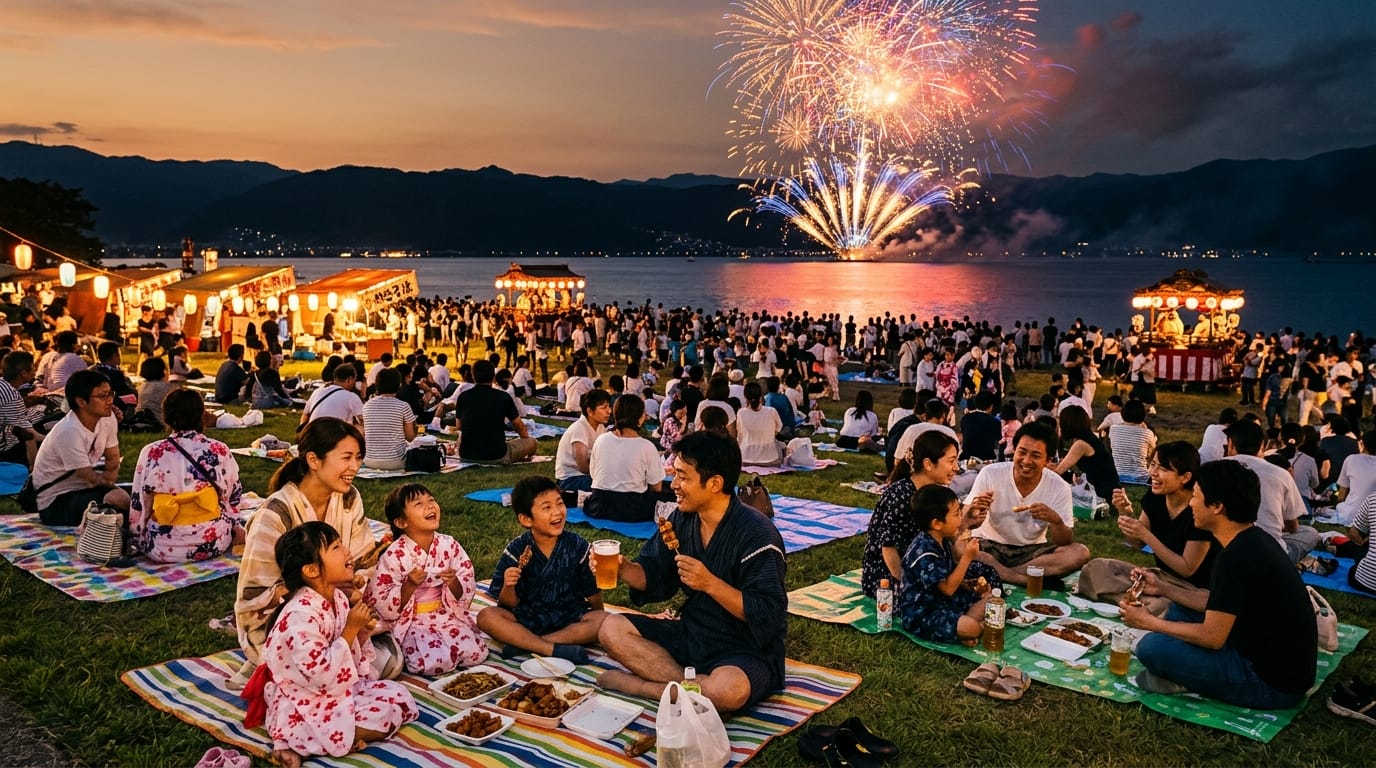 家族で楽しむ諏訪湖花火の夜景シーン