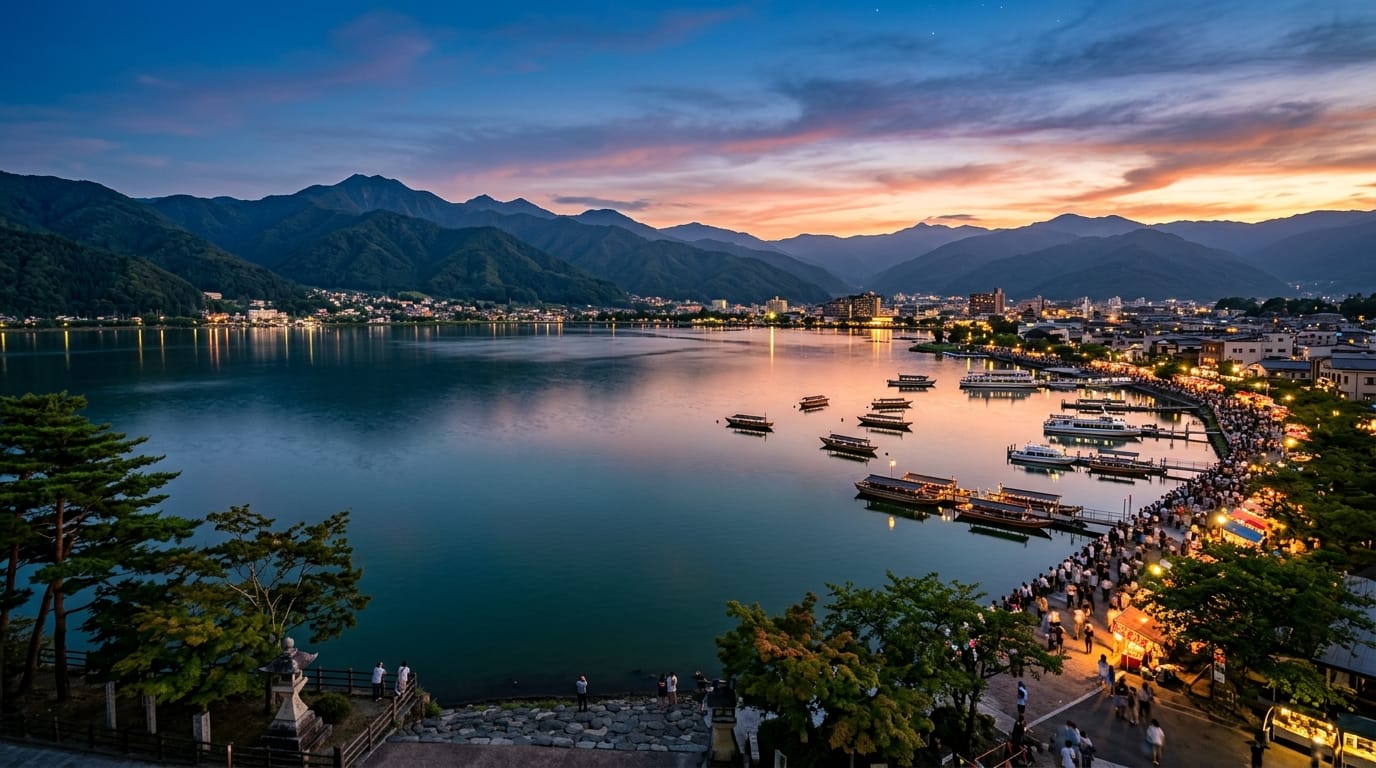 諏訪湖の夕暮れと花火前の美しい風景