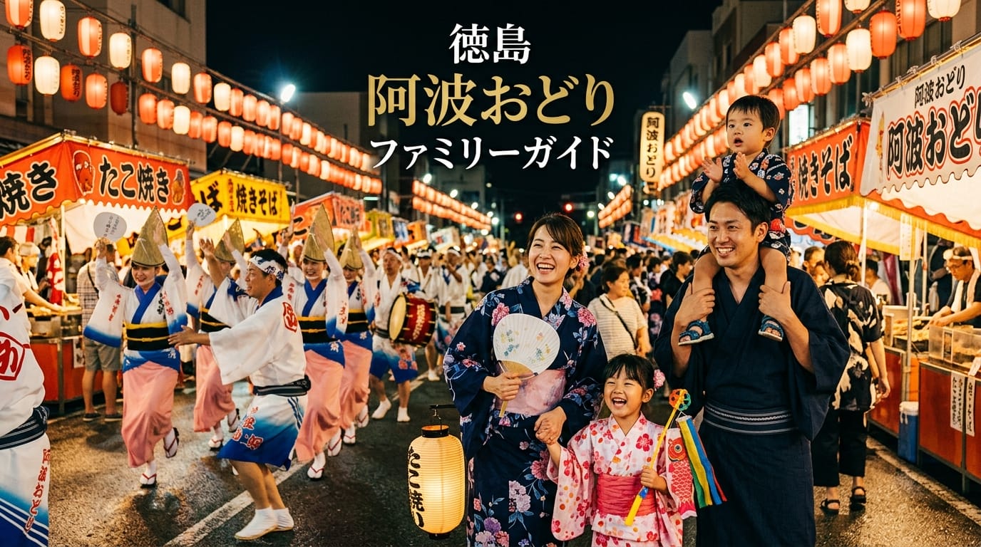 夜の徳島阿波おどりで屋台や踊りを楽しむファミリーの様子