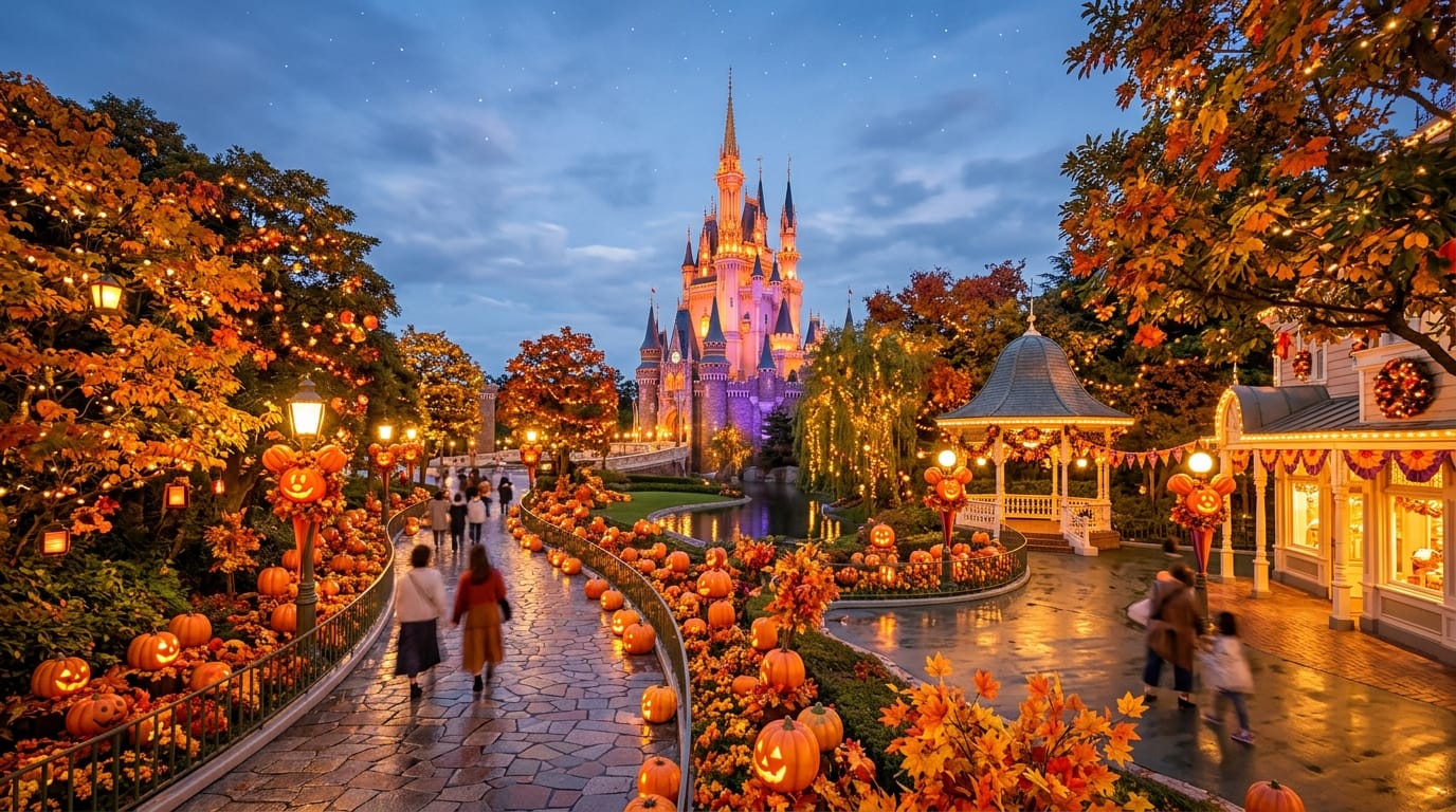 秋の東京ディズニーリゾートの幻想的な夜景