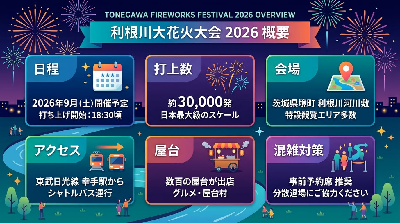 利根川大花火大会2026の開催日程・場所・打ち上げ数が一目でわかる概要図