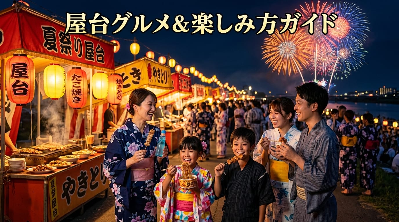 利根川大花火大会の屋台グルメを楽しむファミリーと華やかな会場風景