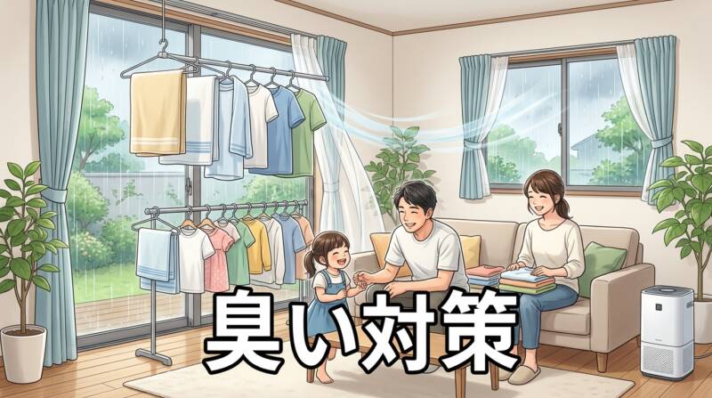 梅雨の部屋干し臭い対策を説明するアイキャッチ画像
