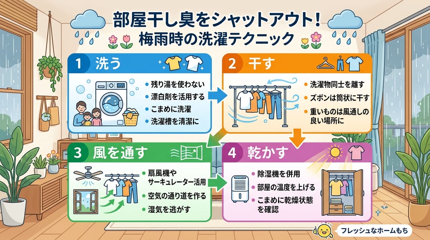 梅雨の部屋干し臭い対策の要点をまとめたインフォグラフィック