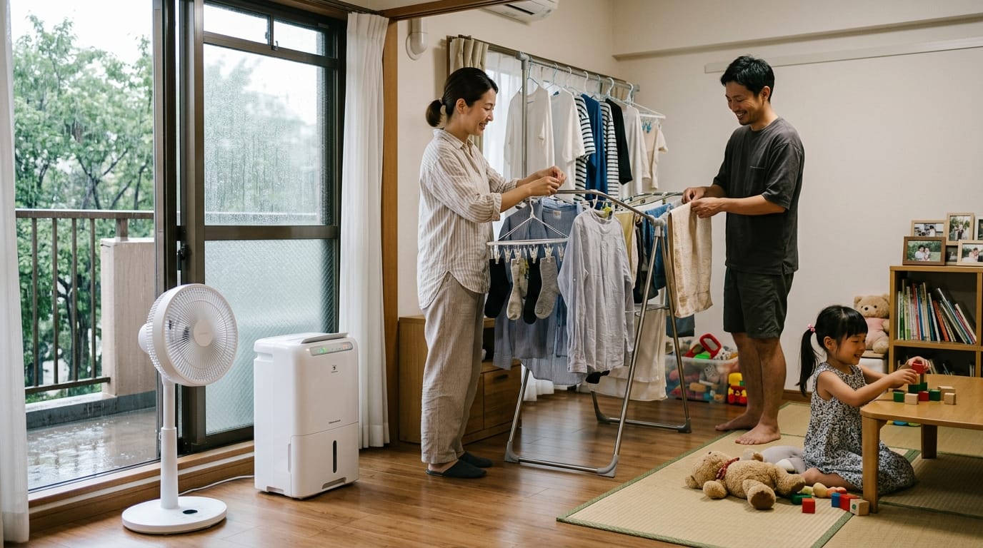 室内で洗濯物を干している梅雨の生活シーン