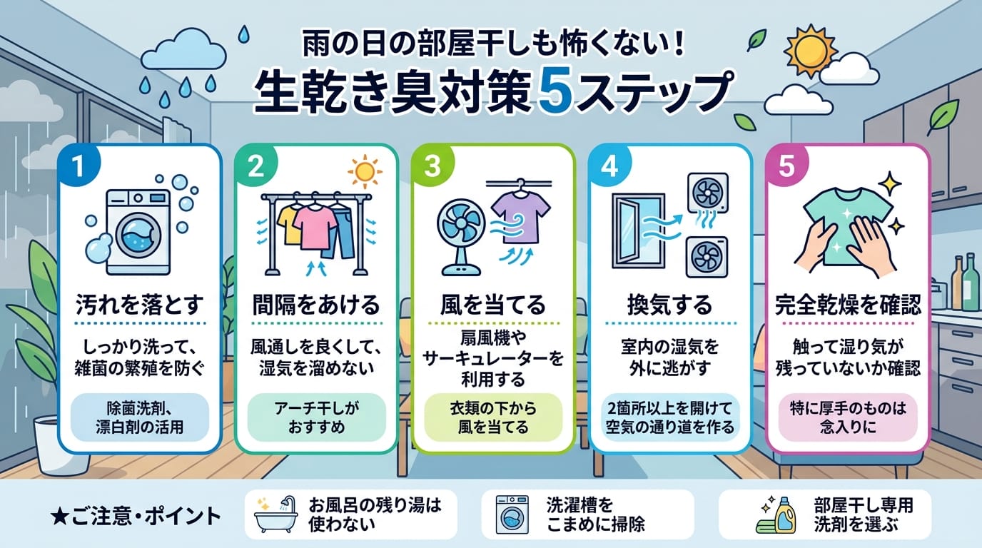 梅雨の部屋干し臭い対策の手順を示すインフォグラフィック