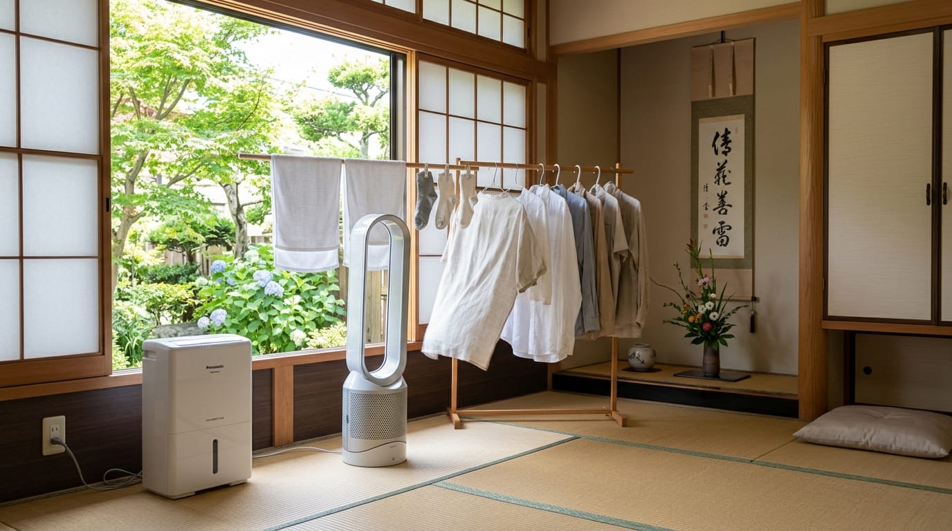 清潔な室内で風を通しながら洗濯物を乾かす様子