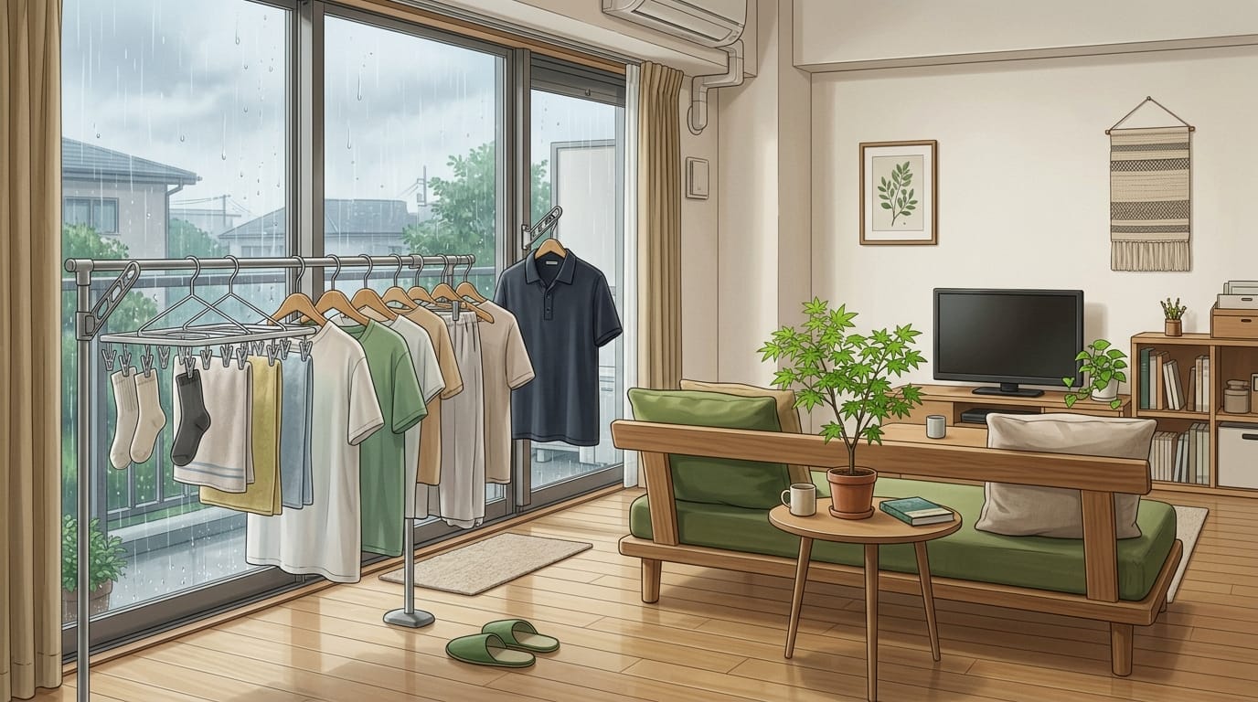 明るい部屋で部屋干しを快適に行うイメージ画像