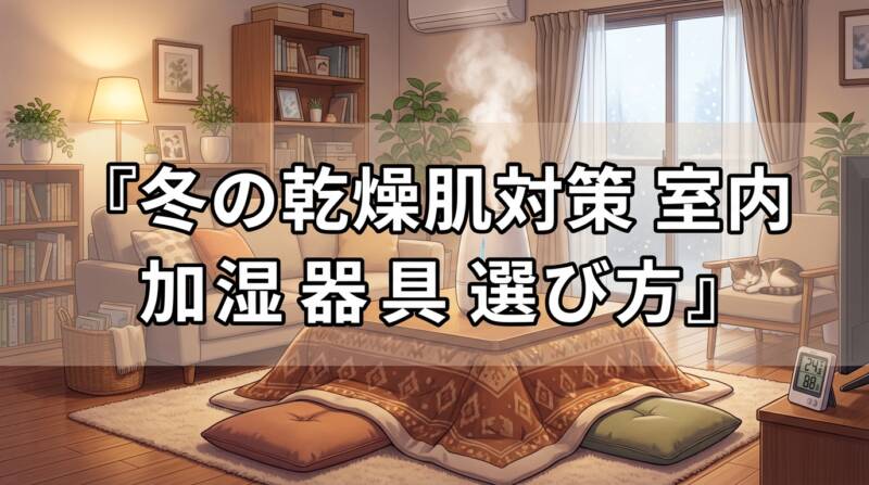 冬の乾燥肌対策 室内 加湿 器具 選び方のポイントを示すリビングのイメージ画像