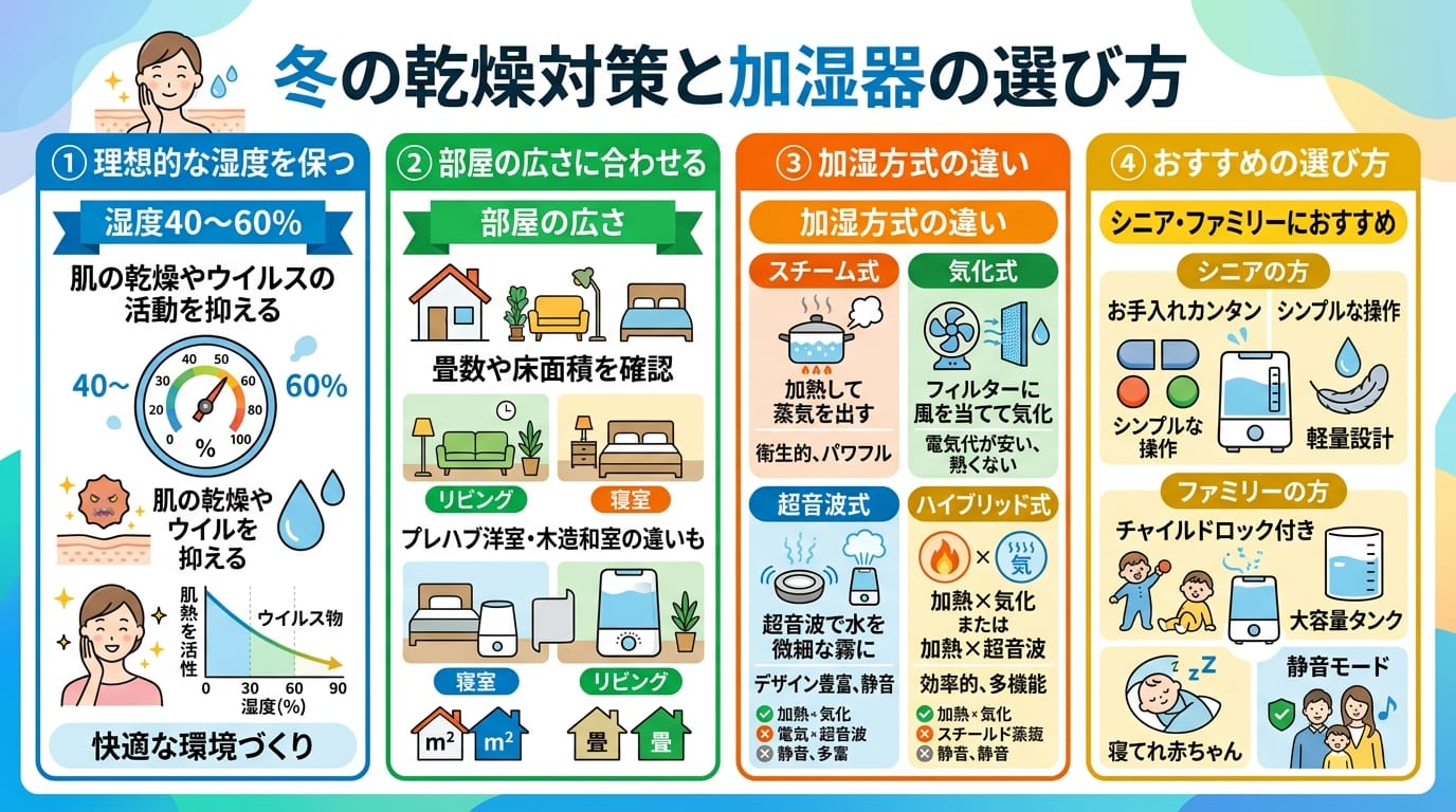 冬の乾燥肌対策 室内 加湿 器具 選び方の要点をまとめたインフォグラフィック